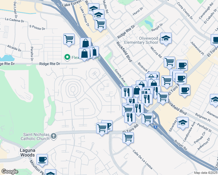 map of restaurants, bars, coffee shops, grocery stores, and more near 2128 Via Puerta in Laguna Woods