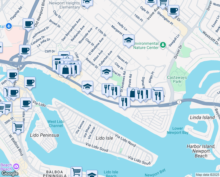 map of restaurants, bars, coffee shops, grocery stores, and more near 1611 Cliff Drive in Newport Beach
