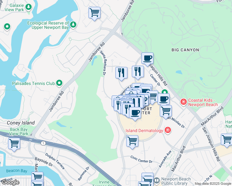 map of restaurants, bars, coffee shops, grocery stores, and more near 880 Newport Center Drive in Newport Beach