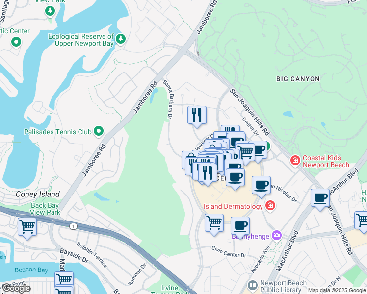 map of restaurants, bars, coffee shops, grocery stores, and more near 840 Newport Center Drive in Newport Beach