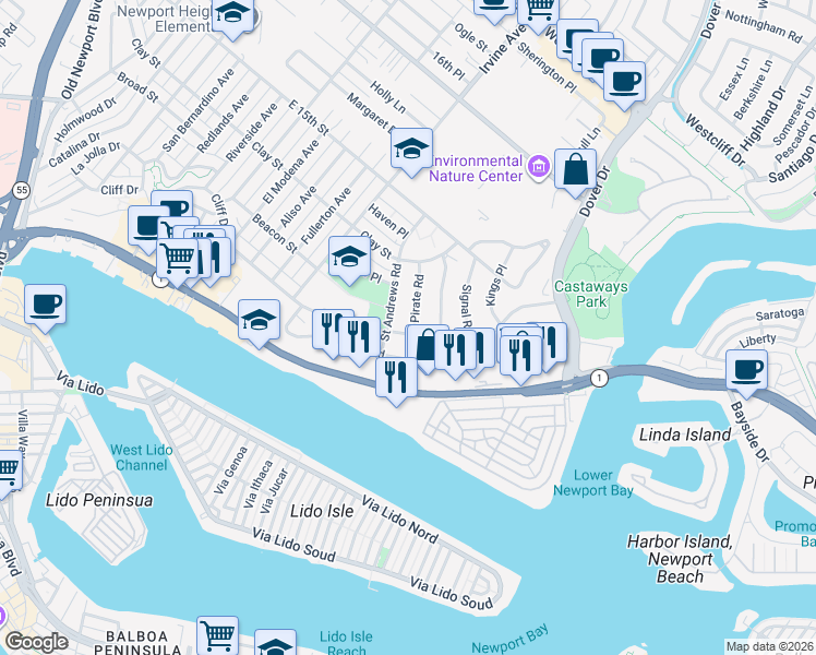map of restaurants, bars, coffee shops, grocery stores, and more near 1100 Cliff Drive in Newport Beach