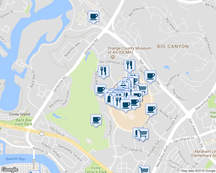 map of restaurants, bars, coffee shops, grocery stores, and more near 880 Newport Center Drive in Newport Beach