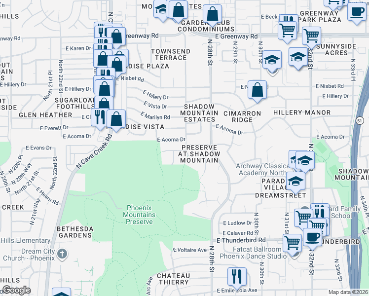 map of restaurants, bars, coffee shops, grocery stores, and more near 2638 East Spring Road in Phoenix