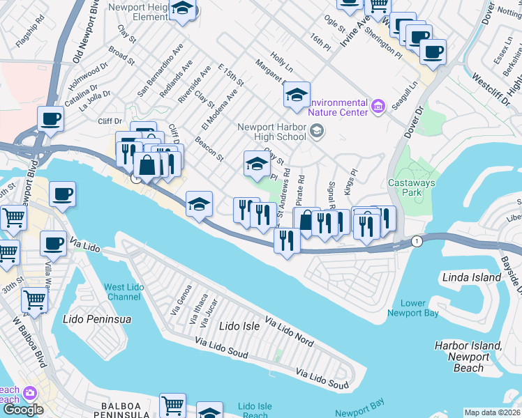 map of restaurants, bars, coffee shops, grocery stores, and more near 1511 Cliff Drive in Newport Beach