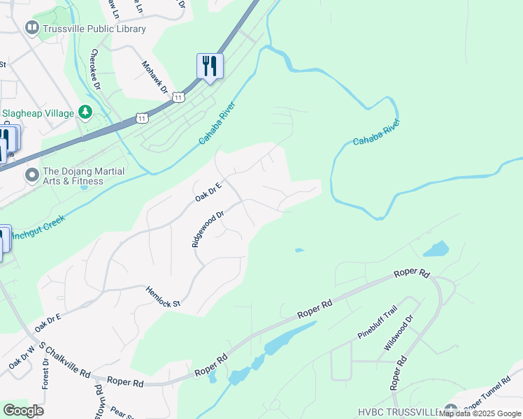 map of restaurants, bars, coffee shops, grocery stores, and more near 99 Ridgewood Drive in Trussville