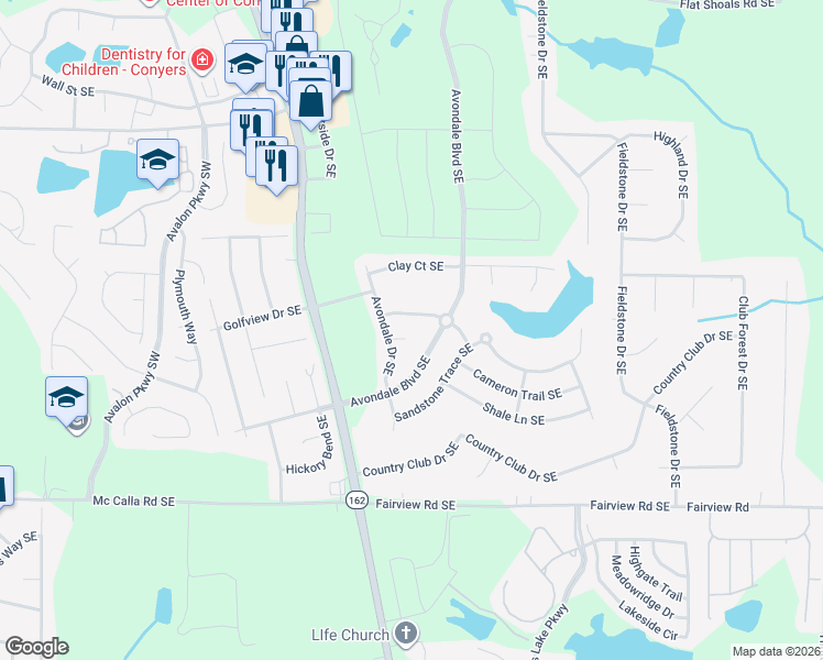 map of restaurants, bars, coffee shops, grocery stores, and more near 3043 Avondale Boulevard Southeast in Conyers