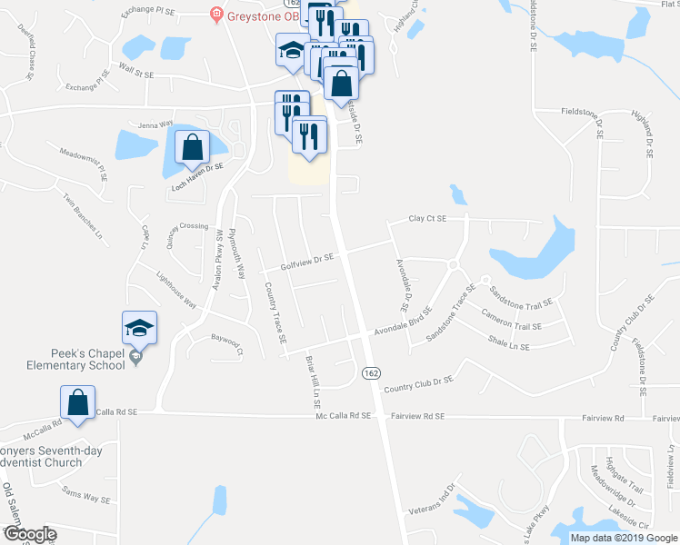 map of restaurants, bars, coffee shops, grocery stores, and more near 2140 Fieldstone View Court Southeast in Conyers