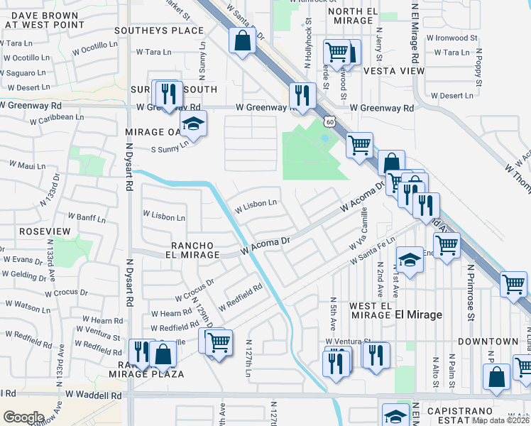 map of restaurants, bars, coffee shops, grocery stores, and more near 12527 West Saint Moritz Lane in El Mirage