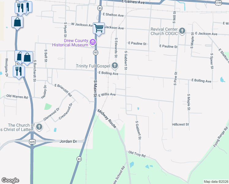 map of restaurants, bars, coffee shops, grocery stores, and more near 173 East Willis Avenue in Monticello
