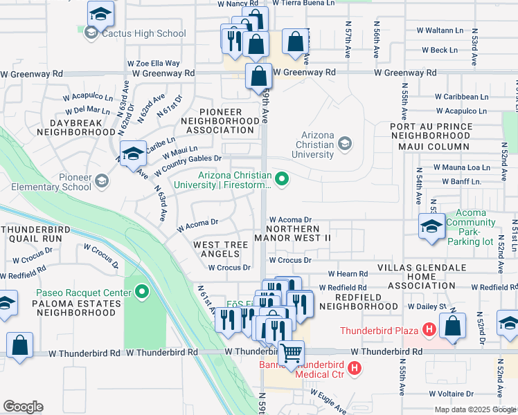 map of restaurants, bars, coffee shops, grocery stores, and more near 14632 North 59th Drive in Glendale