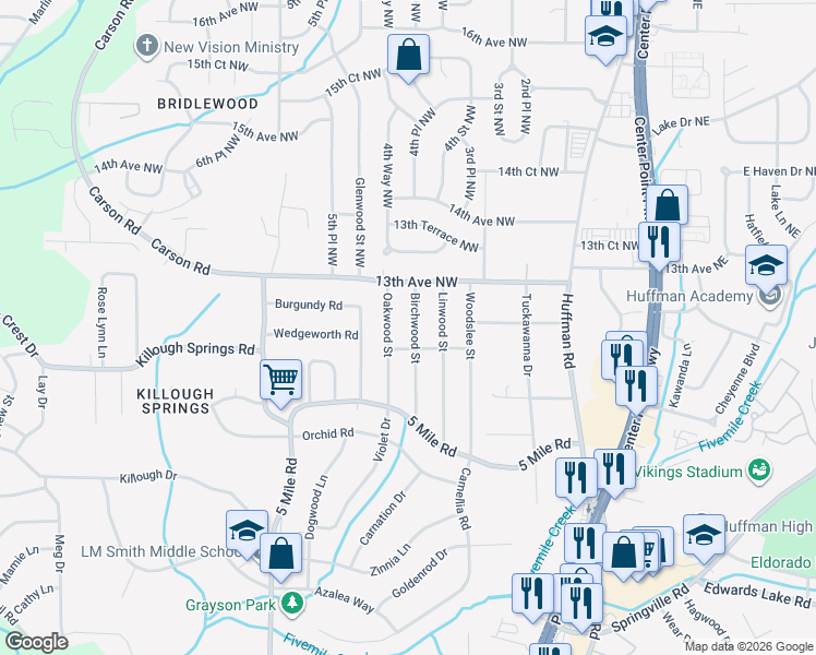 map of restaurants, bars, coffee shops, grocery stores, and more near 1212 Birchwood Street in Birmingham