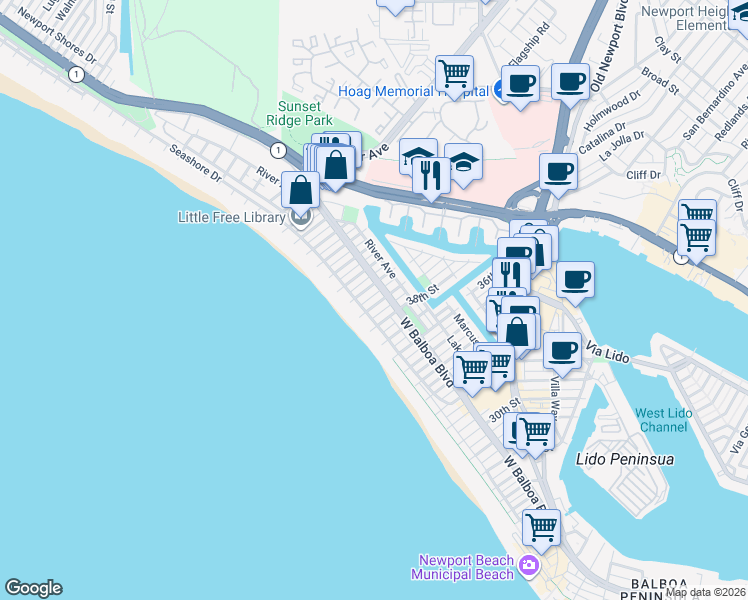 map of restaurants, bars, coffee shops, grocery stores, and more near in Newport Beach