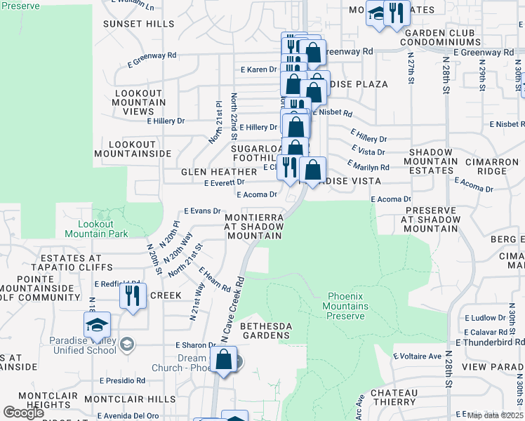 map of restaurants, bars, coffee shops, grocery stores, and more near 2334 East Gelding Drive in Phoenix