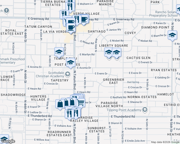 map of restaurants, bars, coffee shops, grocery stores, and more near 4918 East Evans Drive in Scottsdale