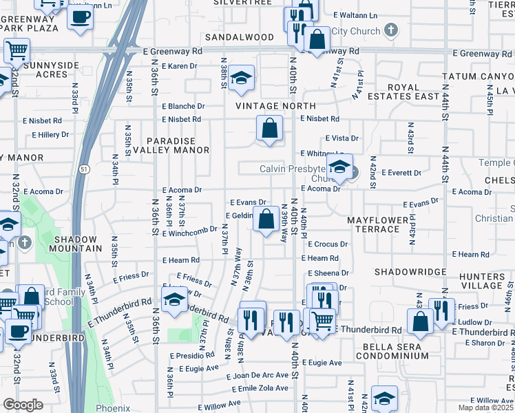 map of restaurants, bars, coffee shops, grocery stores, and more near 3802 East Gelding Drive in Phoenix
