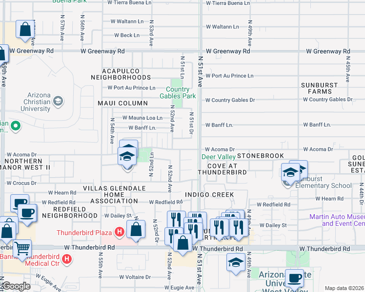 map of restaurants, bars, coffee shops, grocery stores, and more near 5122 West Acoma Drive in Glendale