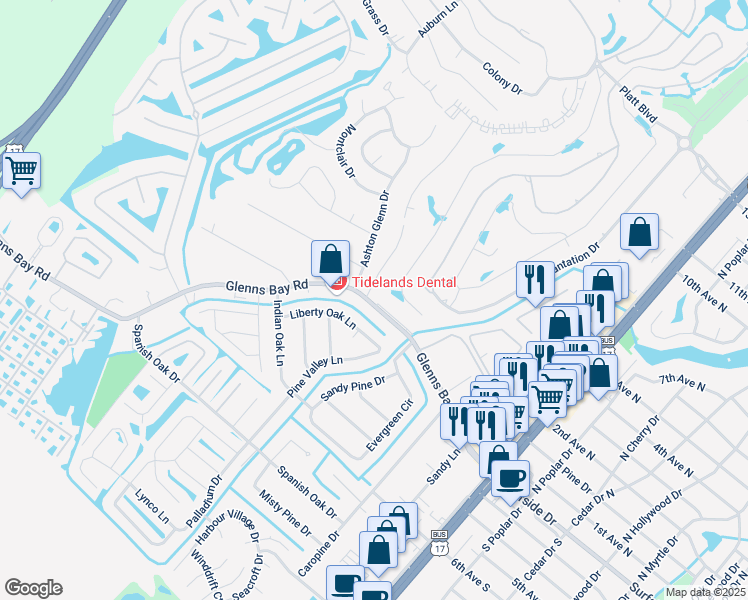 map of restaurants, bars, coffee shops, grocery stores, and more near 99 Garden Drive in Myrtle Beach