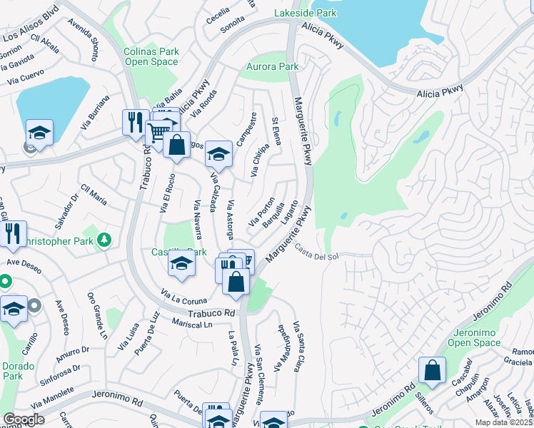 map of restaurants, bars, coffee shops, grocery stores, and more near 23752 Vía Porton in Mission Viejo