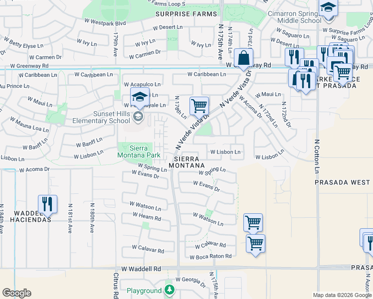 map of restaurants, bars, coffee shops, grocery stores, and more near 14714 North 176th Lane in Surprise