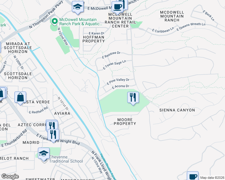 map of restaurants, bars, coffee shops, grocery stores, and more near 10375 East Acoma Drive in Scottsdale