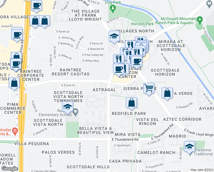 map of restaurants, bars, coffee shops, grocery stores, and more near in Scottsdale