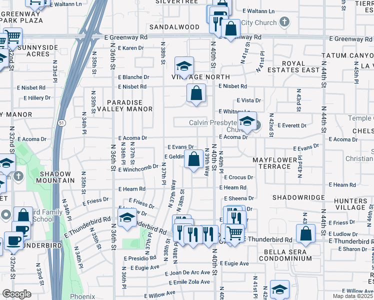 map of restaurants, bars, coffee shops, grocery stores, and more near 3802 East Gelding Drive in Phoenix
