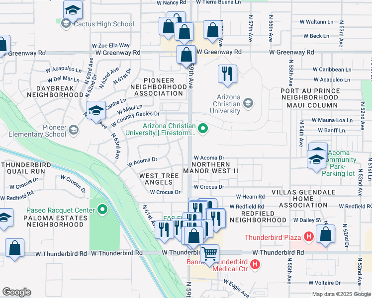 map of restaurants, bars, coffee shops, grocery stores, and more near 14632 North 59th Drive in Glendale