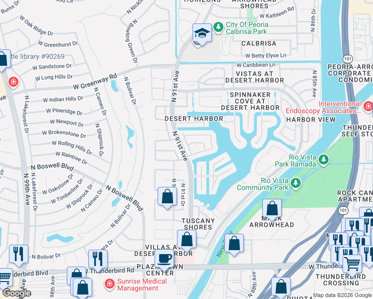 map of restaurants, bars, coffee shops, grocery stores, and more near 14656 North 90th Lane in Peoria