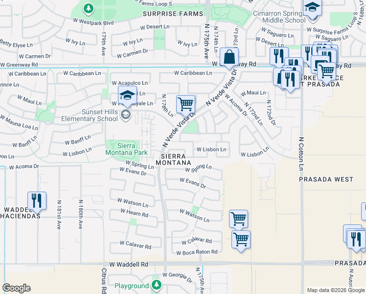 map of restaurants, bars, coffee shops, grocery stores, and more near 14719 North 176th Avenue in Surprise