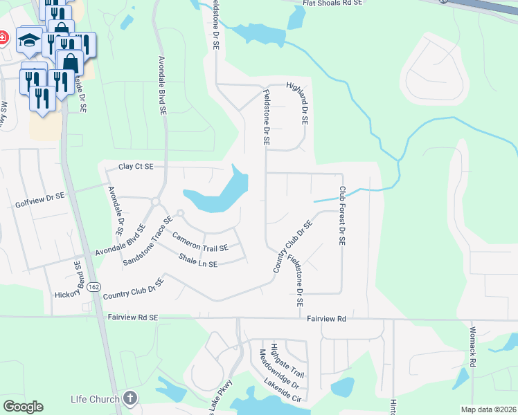 map of restaurants, bars, coffee shops, grocery stores, and more near 2700 Fieldstone Drive in Conyers