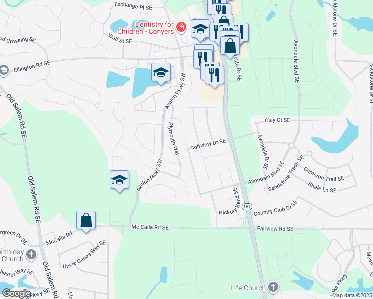 map of restaurants, bars, coffee shops, grocery stores, and more near 2548 Plymouth Way Southeast in Conyers