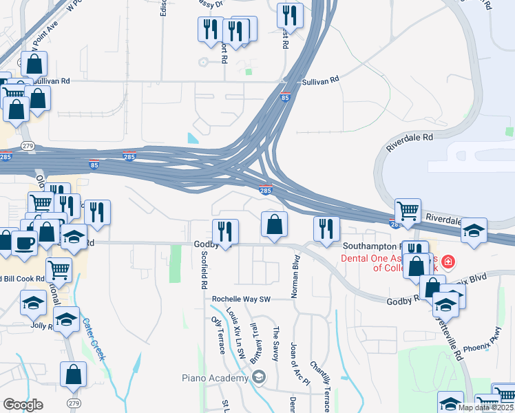 map of restaurants, bars, coffee shops, grocery stores, and more near 2135 Limetree Drive in College Park