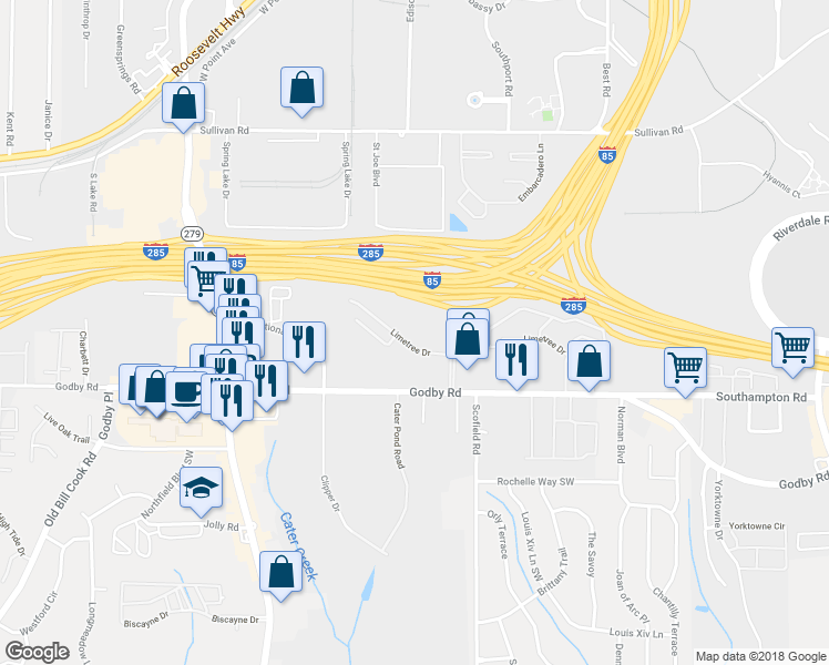 map of restaurants, bars, coffee shops, grocery stores, and more near 2341 Godby Road in Atlanta