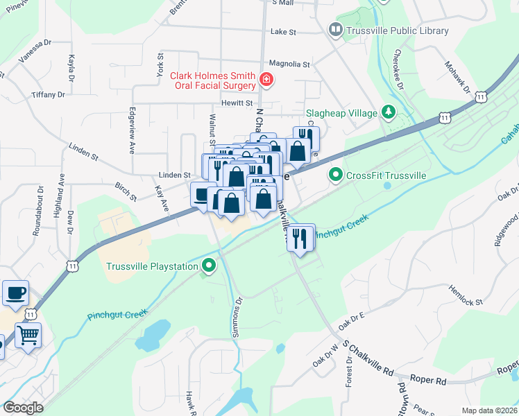 map of restaurants, bars, coffee shops, grocery stores, and more near Morrow S Chalkville in Trussville