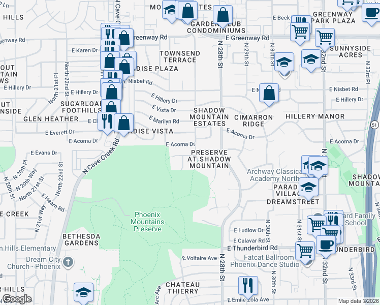 map of restaurants, bars, coffee shops, grocery stores, and more near 2638 East Spring Road in Phoenix