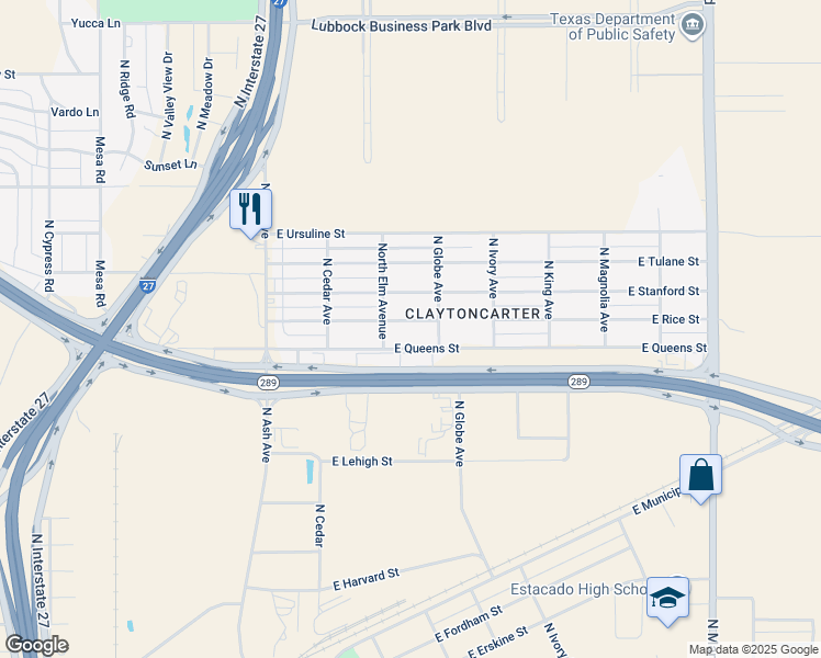 map of restaurants, bars, coffee shops, grocery stores, and more near 510 East Rice Street in Lubbock
