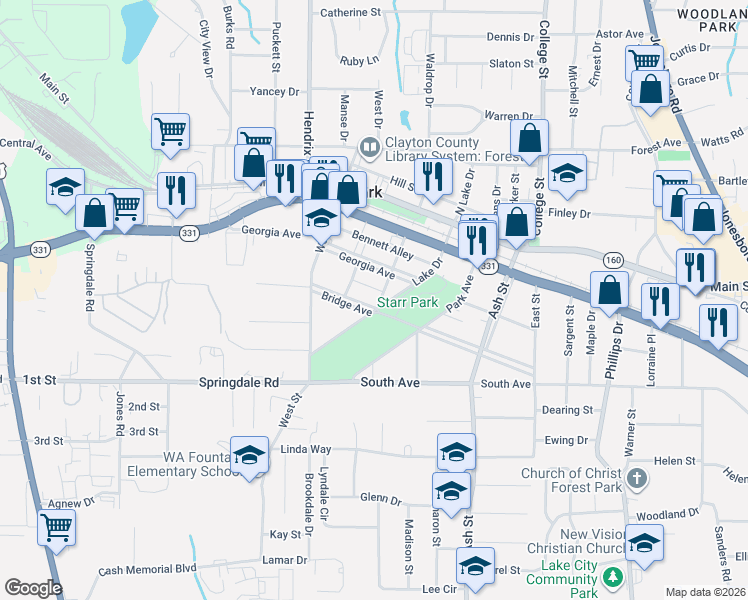 map of restaurants, bars, coffee shops, grocery stores, and more near 4997 Oak Street in Forest Park