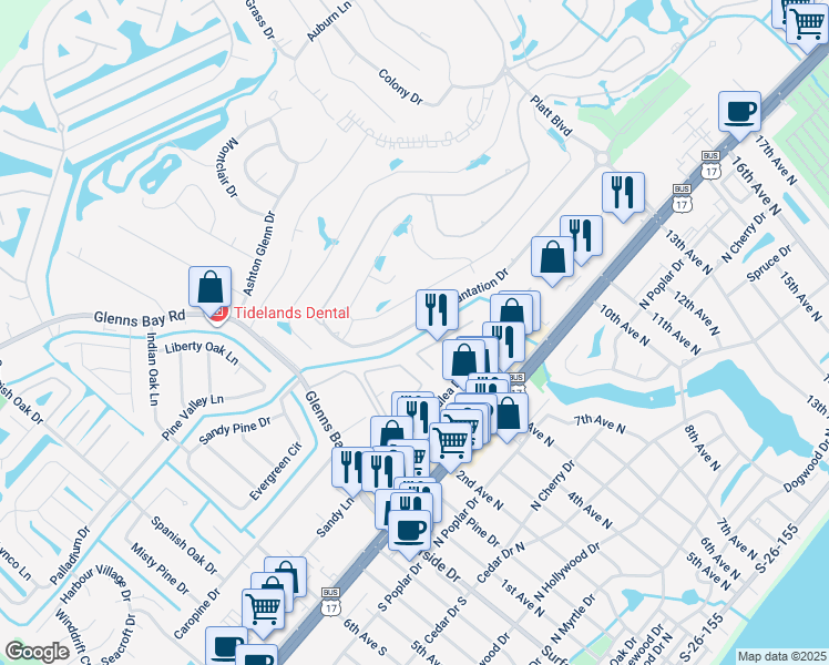 map of restaurants, bars, coffee shops, grocery stores, and more near 723 Plantation Drive in Myrtle Beach