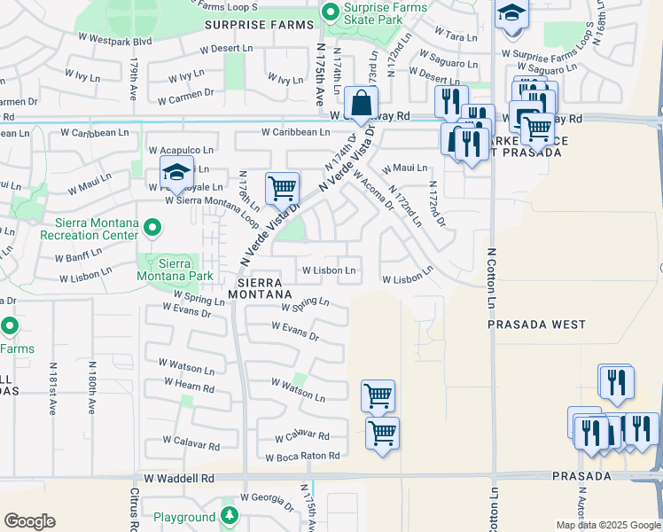 map of restaurants, bars, coffee shops, grocery stores, and more near 17468 West Lisbon Lane in Surprise