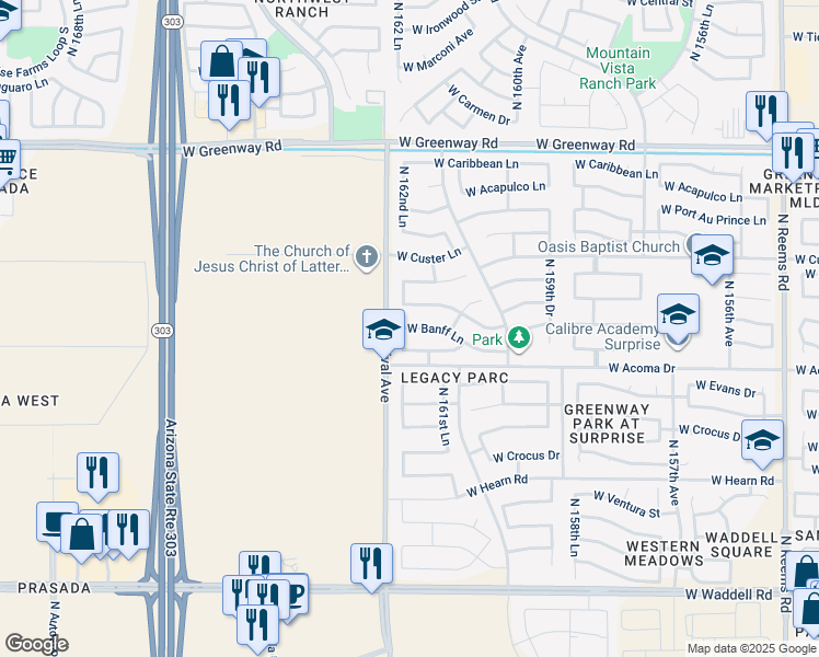 map of restaurants, bars, coffee shops, grocery stores, and more near 16235 W Banff Ln in Surprise
