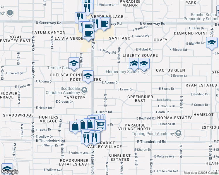 map of restaurants, bars, coffee shops, grocery stores, and more near 4918 East Evans Drive in Scottsdale