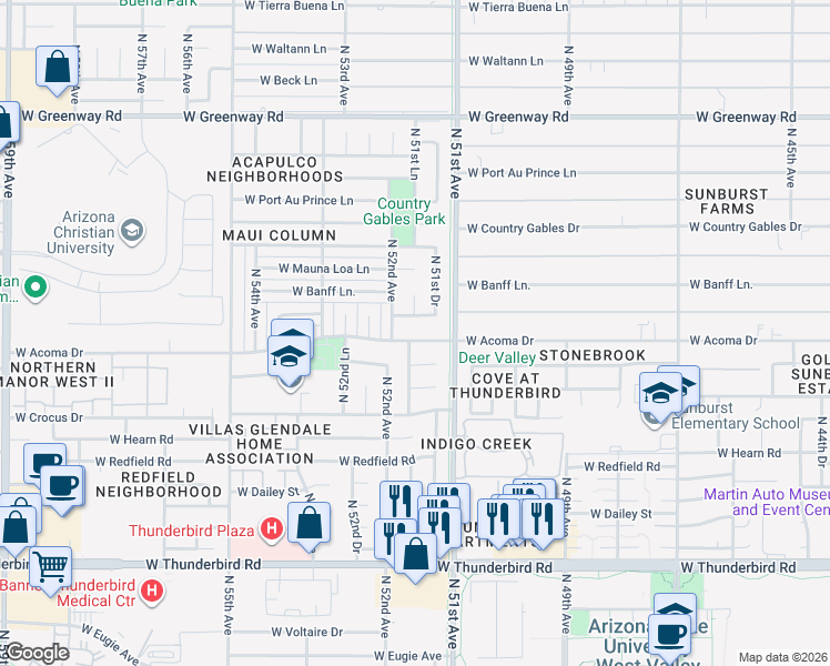 map of restaurants, bars, coffee shops, grocery stores, and more near 5122 West Acoma Drive in Glendale