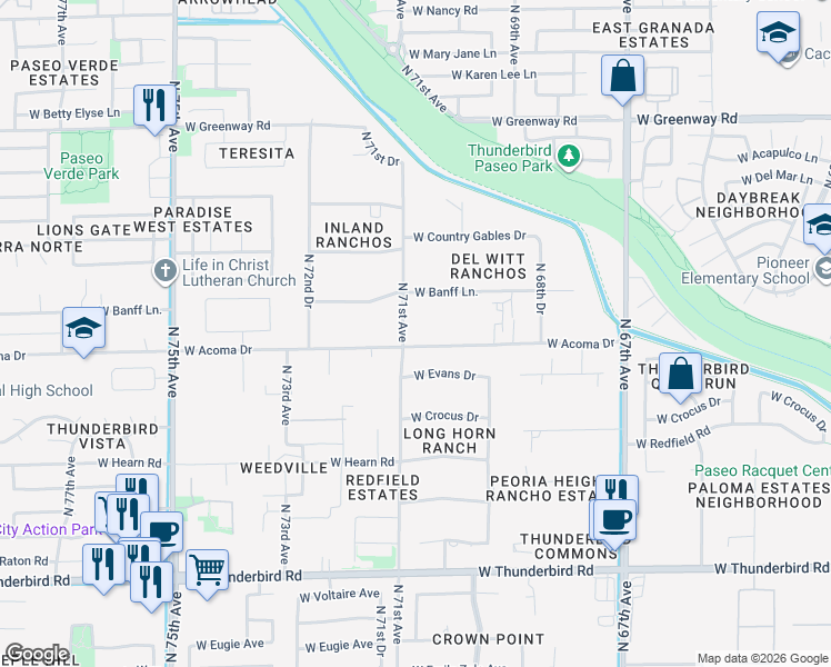 map of restaurants, bars, coffee shops, grocery stores, and more near 7032 West Acoma Drive in Peoria