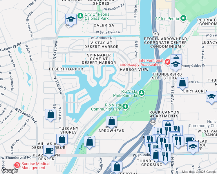 map of restaurants, bars, coffee shops, grocery stores, and more near 14629 North 87th Drive in Peoria