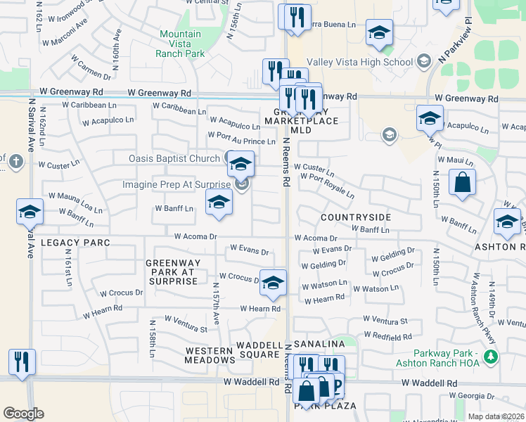 map of restaurants, bars, coffee shops, grocery stores, and more near 15527 West Banff Lane in Surprise