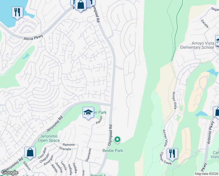 map of restaurants, bars, coffee shops, grocery stores, and more near 23714 Villena in Mission Viejo