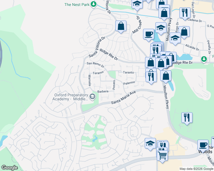 map of restaurants, bars, coffee shops, grocery stores, and more near 22341 Savona in Laguna Hills