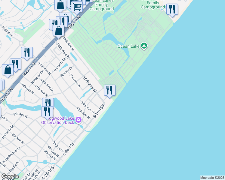 map of restaurants, bars, coffee shops, grocery stores, and more near 1119 Olcg in Myrtle Beach