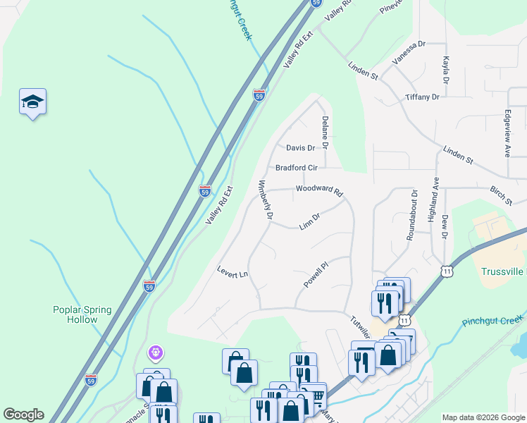 map of restaurants, bars, coffee shops, grocery stores, and more near 410 Woodward Road in Trussville