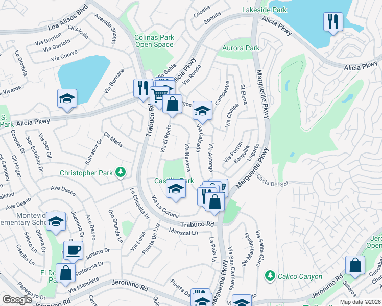 map of restaurants, bars, coffee shops, grocery stores, and more near 23742 Via Navarra in Mission Viejo